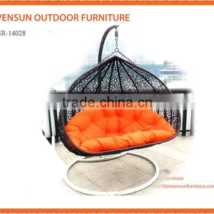 Outdoor Rattan 2 Person Garden Hanging Chair Sunbed Brown Cream New thumbnail-2