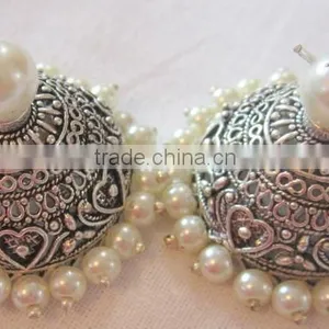 Silver Tone Jhumka Pearl Bollywood Dangler EARRINGS thumbnail-3