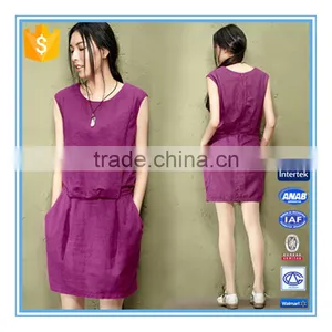 2016 Elegant Slim Casual Dress Solid Color Cotton Linen Vest Dress For Women thumbnail-1