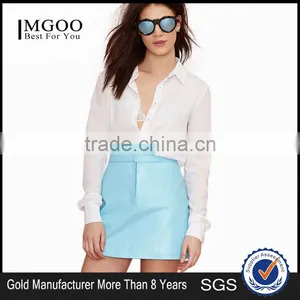 MGOO New Arrival 2016 OEM Custom Light Blue PU Skirts Women Faux Leather Short Straight Skirts 15144A373 thumbnail-1