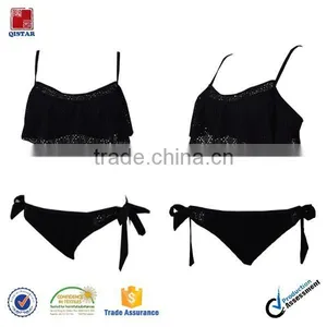 Black Bikini Set With Flouncy Ruffle and Floral Cutouts at Top and Scrunch Bottom thumbnail-1