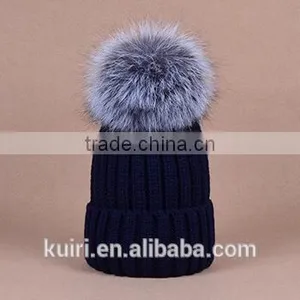 Knitted Hat With Snap Silver Fox Fur Ball on Top thumbnail-5