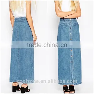 New Arrival Button Front Ladies Denim Skirt Wholesale Jean Maxi Skirts 2015 thumbnail-1