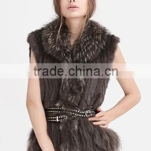YR644 Women Genuine Rabbit Hand Knit With Raccoon Fur Waistcoat Yanran Fur Factory OEM Order Fur Gilet thumbnail-4