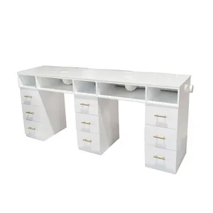 Luxury White Leather Tufted Nail Table for Nail Manicure Salon With Dust Collector & Drawers for Workshops thumbnail-2