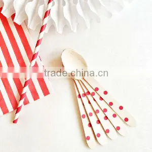 6.5 Inches Red Polka Dot Printed Wooden Spoons Utensils thumbnail-1