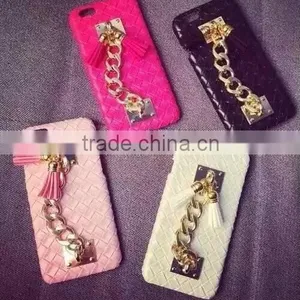 Luxury Plush Rabbit Fur Ball Tassel Pearl Chain PU Leather Hard Mobile Phone Cover Case For IPhone 6 G 6S Plus thumbnail-1