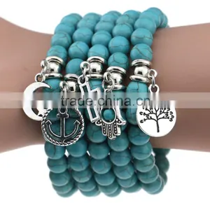 Wholesale Handmade Fashion Women Turquoise Popular Alloy Pendant Elasticity Bracelet thumbnail-1