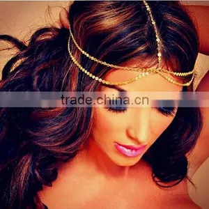 New Women Simple BOHO Style Gold Plated Shining Handcraft Metal Coins Charming Hair Jewelry Head Chain thumbnail-2