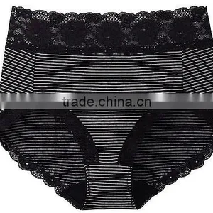 Black Mini Stripes Lady Cotton Lace Waist Panties thumbnail-1