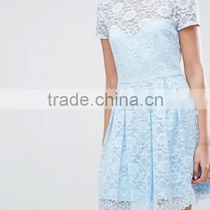Guangzhou Clothing OEM Blue Pleated Skirt Lace Mini T-Shirt Dress thumbnail-3