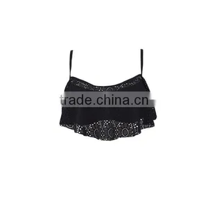 Black Bikini Set With Flouncy Ruffle and Floral Cutouts at Top and Scrunch Bottom thumbnail-2