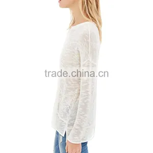 Cheap Drop Shoulder Sleeve Crew Neck Slub Stylish Long Sleeve Sweaters With Hem Split thumbnail-2