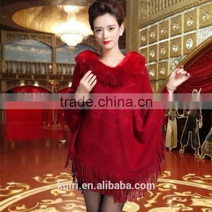 Personality Top Quality Luxury Cashmere Women Shawl Pashmina With Faux Fox Fur Trim Collar Tassel Poncho thumbnail-3