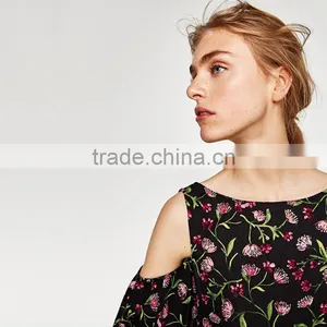 Black Short Sleeve Floral Print Dress, Women Cold Shoulder Summer Dress thumbnail-6
