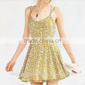 2017 Girls Spaghetti Strap Summer Dress Women Ladies Sexy Backless Flower Printed Chiffon Dress thumbnail-2