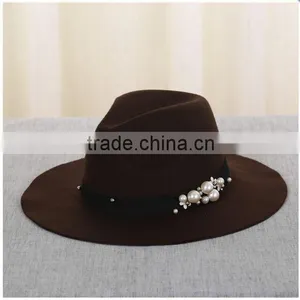 Custom Female Fedora Hat Ribbon Beads Imitation Wool Hat Wide-brimmed For Autumn Winter thumbnail-3