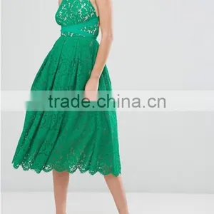Lace Clothing OEM Square Neck Box-pleat Skirt Prom Dress Fashion Design Midi Prom Dress thumbnail-4