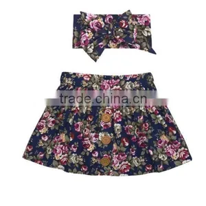 Summer Blue Flower Printed Dress Buttons Design Kids Clothes With Headband thumbnail-4