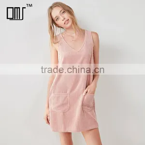 V Neck Pink Dyed Corduroy Front Pockets Sleeveless Vest Dress for Girl thumbnail-1