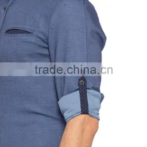 Blue Solid Super Skinny Long Sleeve Buttonless Men Shirt thumbnail-4