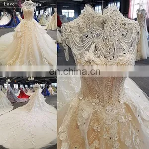 LS00323 High Neck Beaded Keyhole Back Long Train Beach Unique and Simple Dubai Wedding Gown thumbnail-1