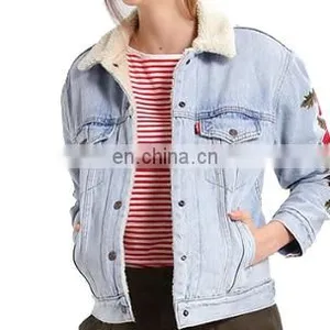 Factory OEM Embroidered Sherpa Lining Womens Denim Jacket thumbnail-3