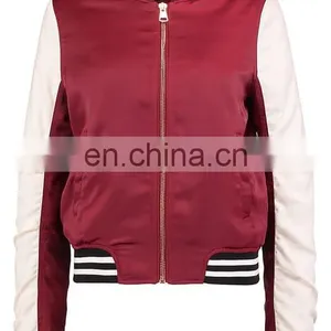 Lightly Padded Women Polyester College Plain Satin Baseball Jacket thumbnail-6