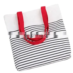 Wholesale Shopping Cotton Canvas Stripe Women Carrying Tote Bag With Bottom thumbnail-1