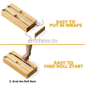 Hot Sale Custom Bamboo Wood Refillable 2 in 1 Plastic Wrap Foil Wrap Dispenser With Slide Cutter Kitchen Storage Dispenser thumbnail-4