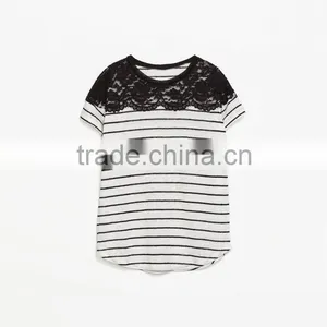 Ladies Striped Linen With Lace Fancy T-shirts thumbnail-1