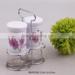 Glass Spice Jar Set With Nice Decal in a Metal Stand thumbnail-1
