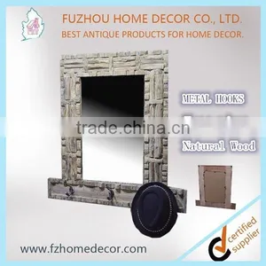 New Arrival Unique Shabby Chic Decorative Wooden Wall Mirror With Metal Hooks thumbnail-1