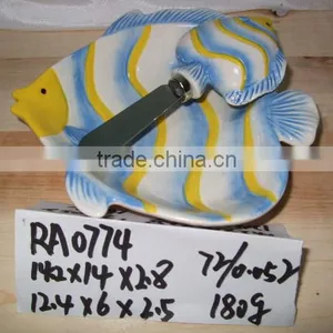 Hand Painted Fish Shape Ceramic Cake Plate & Butter Knife thumbnail-1