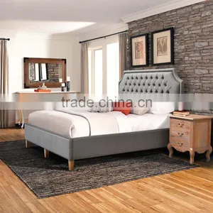 Bed Furniture Model Platform, Upholstered With Fabric, Tufted Head Board Grey Teak Wood thumbnail-1