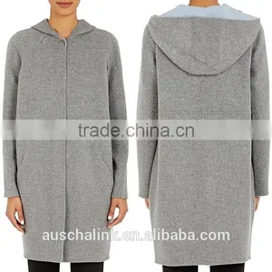 OEM Service Outdoor Winter 100% Wool Grey Long Hooded Wool Coats thumbnail-4