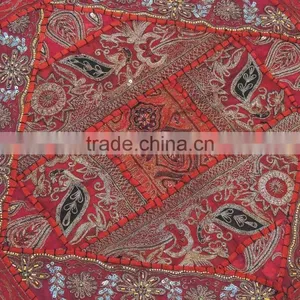 Large Square Pillow Sham - Red Zari Embroidery Peacock Floor Cushion 26 Inch thumbnail-3