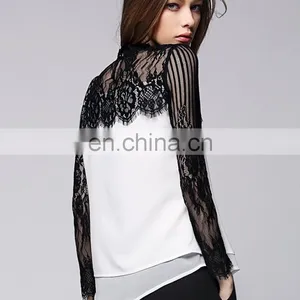 Office Lady Elegant Stand Lace Collar With White Crepe Long Sleeves Sexy Blouse thumbnail-4