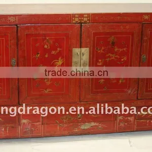 Chinese Antique Red Colour Golden Painting Kang Cabinet With Four Drawer Four Door 157*45*90cm thumbnail-1