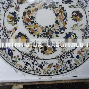 White Round Marble Stone Inlay Dinning Table Top Pietra Dura Table Top thumbnail-2