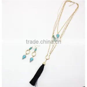 Layered Necklace Four Layered Turquoise Tassel Necklace Set thumbnail-3