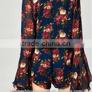 Cheap 2015 Sexy Ladies Long Bell Sleeve Deep V Neck Print Floral Plus Size Loose Short Chiffon Playsuit Romper Jumpsuit thumbnail-2