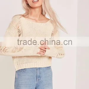 Plain White Ladies Sweater Knitwear Pullover Drop Shoulder Ladder Shoulder Distressed Crop Jumper Women thumbnail-2