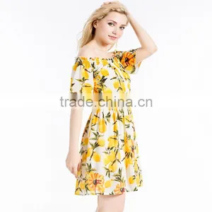 Summer Ladies Latest Fashion Boat Neck Printed Chiffon Dress Designs Women Off Shoulder Casual Dress thumbnail-3