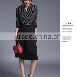 Fashion Women V Neck Vertical Stripes Office Dress Korean OL Belted Midi Dress thumbnail-4