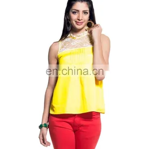Yellow Sleeveless Lace Yoke Top thumbnail-2