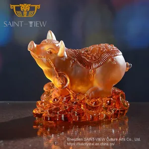 LiuLi Glass Lost-Wax Art Crystal Feng Shui Decoration - Pig Statue Chinese New Year Gift thumbnail-1