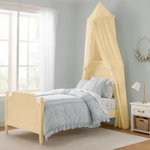 Kids Bed Canopy With Ruffles, Pastel Neutral Color for Boys & Girls, Frilled Cotton Tent Nursery Room Baby Crib Hanging Curtain Mosquito Netting thumbnail-4