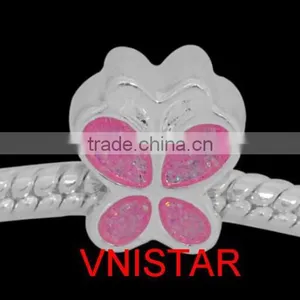 Vnistar Silver Plated Pink Enamel Butterfly Shaped European Beads for Bead Bracelet Necklace PBD2209 thumbnail-1