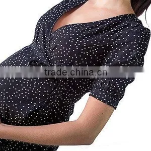 Summer Print Chiffon Black Wrap Maternity Dress, Long Maternity Clothes, Half Sleeve Maternity Clothing thumbnail-4